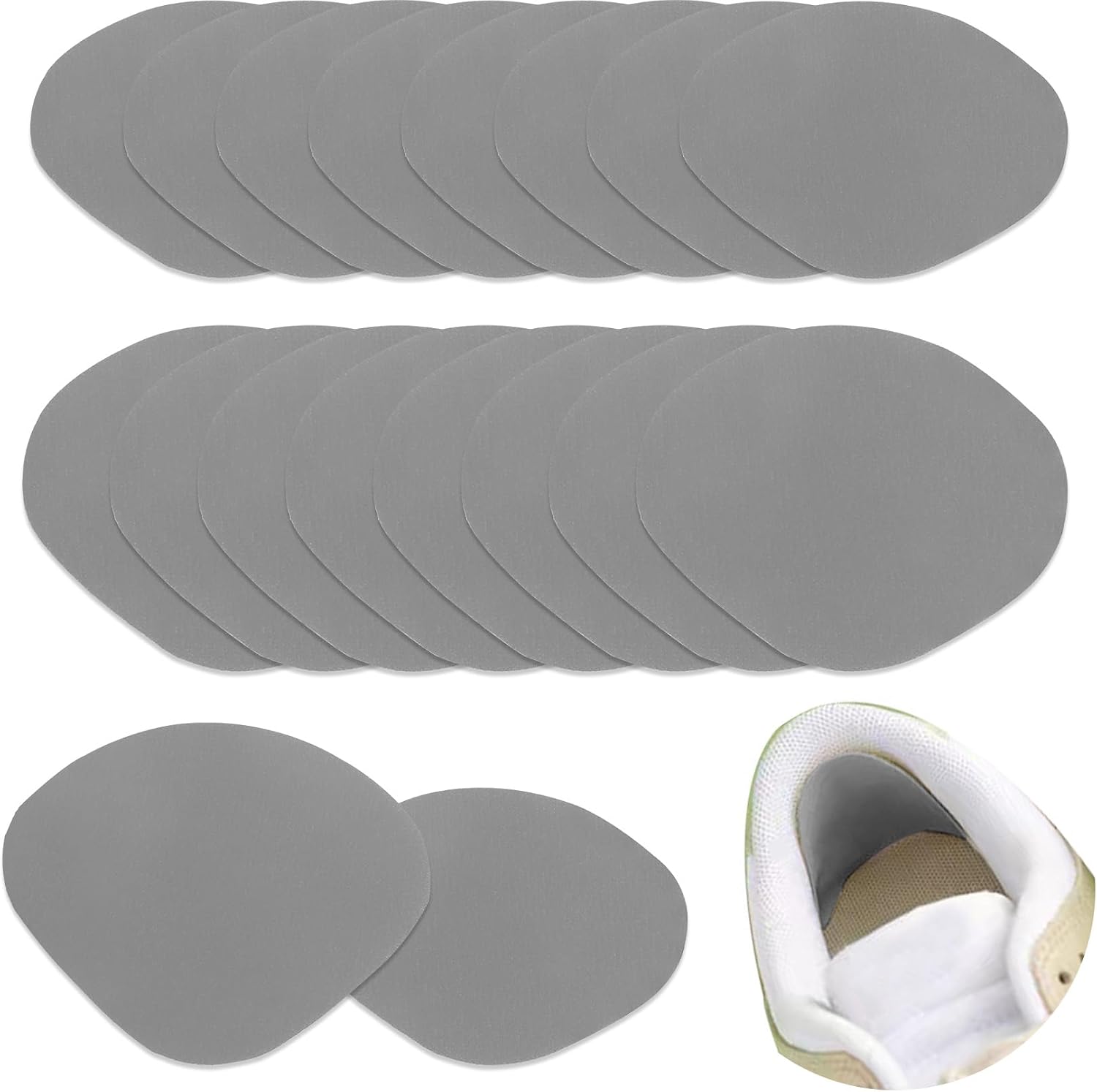 61Cs0ZJLfPL._AC_SL1500_.jpg Shoe Heel Repair, 16Pcs Shoe Patches for Holes, Grey Self-Adhesive Shoes Hole Repair Patch Kit Sneaker Holes Patch/Insert Heel Prevention for Sneakers Mesh Shoes Leather Shoes High Heels - Image 1