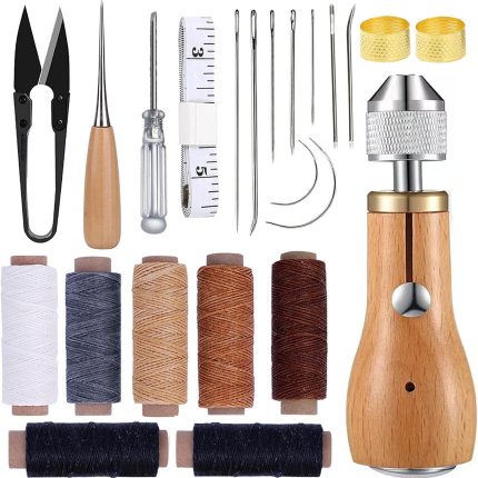 Sewing Awl Kit, Portable Awl Tool Stitching | 23 PCS Professional Speedy Stitcher Sewing Awl Kit with Waxed Thread, Straight Bent Needles DIY Leather Sewing Repair Craft