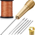 6 Pieces Leather Sewing Awl Needle with Copper Handle, Upholstery Repair Kit 50 M Nylon Cord Thread and 2 Pieces Thimble for Handmade Leather Sewing Tools Shoes and Repair